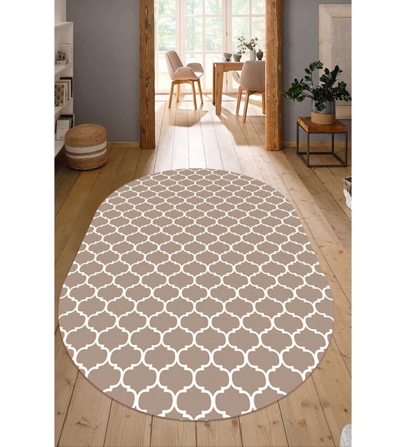 Dijital Baskılı Kaymaz Taban Yıkanabilir Oval Salon Halısı Mutfak Halısı Yolluk NDO-HT-545 (Vizon)