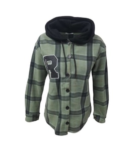 Viya V01219 Kadın Polar Kareli Düğmeli Kapüşonlu Sweatshirt - Siyah - ST01219-Siyah-M (Yeşil)