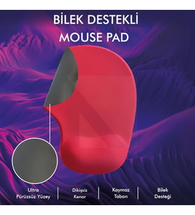 MP01 -  Elips Bilek Destekli Mouse Pad  Konforlu, Kaymaz Taban, Ergonomik, Yumuşak, Ev,Ofis (Kırmızı)