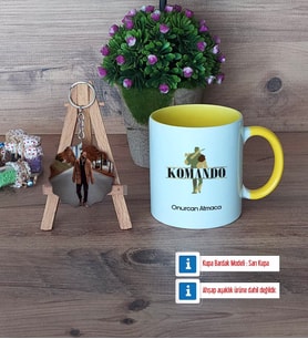 Komando Kupa Bardak Beyaz ve Fotoğraflı Ahşap Anahtarlık Hediye (Model 7)