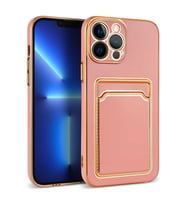 iPhone 12 Pro Kılıf Kartlıklı Kamera Korumalı Altın Kenar Tasarım Silikon (Rose)