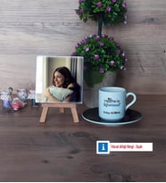 Matematik Öğretmeni Fotoğraflı Dekoratif Taş, Ahşap Altlıklı Türk Kahvesi Fincanı Hediye Matematik Öğretmenine Hediye (Model 7)