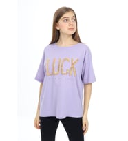 Kız Çocuk Tasarım Yazı Desenli T-Shirt 9-14 Yaş Lx038 ANGELOS GIRLS (Lila)