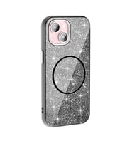 iPhone 15 Plus Kılıf Magsafe Şarj Özellikli Parlayan Simli Okso Kapak (Siyah)