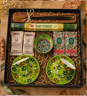 El yapımı Çini Kabartmalı 2li Fİncan & Çini Kase  & Tütsü Seti &  Kahve & Mendil (Fıstık Yeşili)