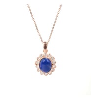 925 Ayar Gümüş Çiçek Tasarım Oval Lapis Taşlı Kolye (Rose)