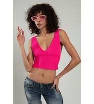 Sifu Tekstil Kadın Spor Atlet Fitilli Triko Büstiyer Crop Top Bluz SFYZ1012 (Pembe-Fuşya)