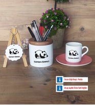 Uykucu Panda Hediye Sepeti Kalemlik, Türk Kahvesi Fincanı Kırmızı, Ahşap Anahtarlık Hediye (Model 4)