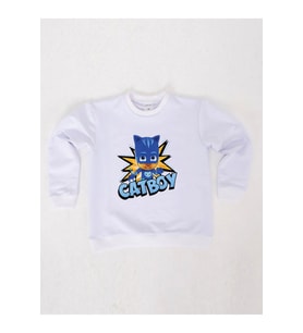 Pj maskeliler Catboy baskılı pamuklu kumaş çocuk sweatshirt (Beyaz)