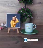 İsme Özel Doğum Günü Hediyesi Fotoğraflı Dekoratif Taş, Ahşap Altlıklı Türk Kahvesi Fincanı Hediye (Model 9)