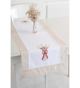 Bordürlü Lavanta İşlemeli 50x130 cm Runner (Sütlü Kahve)