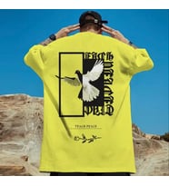 AMOR MAN ÖZEL TASARIM BEYAZ GÜVERCİN SIRT BASKILI OVERSİZE SOKAK MODASI ERKEK T-SHIRT (Sarı)