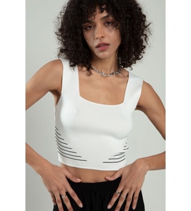Sifu Tekstil Kadın Kare Yaka Askılı Yanları Çizgili Spor Triko Crop Top Badi SFYZ1006 (Beyaz)