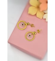 925 Ayar Gümüş Gold Kaplama Yıldız Çember, Mini Taşlı Çiçek Sallantılı Küpe (Fuşya)