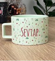 Kişiye Özel İsim Yazılı Hediye Pastel Fincan Çiçek Desenli -6- (Yeşil)