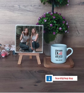 Ablaya Hediye Fotoğraflı Dekoratif Taş, Ahşap Altlıklı Türk Kahvesi Fincanı Hediye (Model 1)