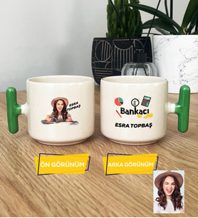 Kişiye Özel Karikatürlü Kadın Bankacı T Kupa Bardak Kadın Bankacıya Hediye (Yeşil)