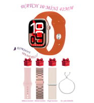 Samsung Galaxy M40 Uyumlu Açık Mavi Akıllı Saat Watch 10 Mini Kordon Hediyeli AMOLED EKRAN 41MM (Pembe-Turuncu)