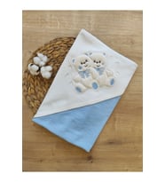%100 Pamuklu & Mevsimlik Bebek Battaniyesi - Kahverengi & Ayıcık Nakışlı Bebek Örtüsü 80x90 Cm (Mavi)