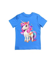 Unicorn baskılı pamuklu penye kumaş yazlık çocuk tişört (Mavi)