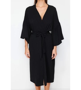 Moda Örme Regular Kalıp Uzun V Yaka Büzgülü/Fırfırlı Kol Müslin Basic Düz Desen Kimono Kaftan (Çok Renkli)