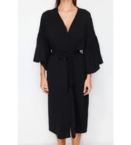 Moda Örme Regular Kalıp Uzun V Yaka Büzgülü/Fırfırlı Kol Müslin Basic Düz Desen Kimono Kaftan (Çok Renkli)