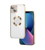 Uyumlu Model Apple iPhone 13 Kılıf Kamera Korumalı Logo Gösteren Şeffaf Kapak (Gold)
