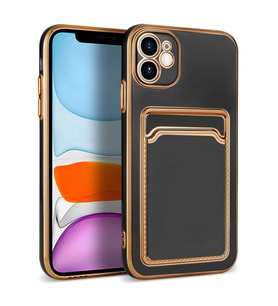 iPhone 12 Kılıf Kartlıklı Kamera Korumalı Altın Kenar Tasarım Silikon (Siyah)