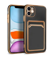 iPhone 12 Kılıf Kartlıklı Kamera Korumalı Altın Kenar Tasarım Silikon (Siyah)