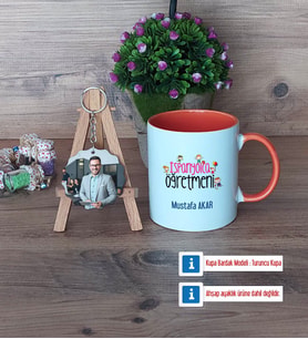 İspanyolca Öğretmeni Kupa Bardak Beyaz ve Fotoğraflı Ahşap Anahtarlık Hediye (Model 13)