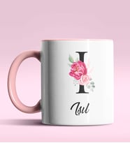 Kişiye Özel I Harfi Temalı Gül Tasarım Siyah Renk Kupa (Pembe)