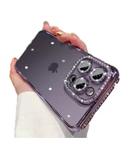 Uyumlu Model Apple iPhone 12 Pro Kılıf Koruma Lensli Taşlı Dizayn Şeffaf Kapak (Lila)