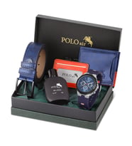 POLO AİR Erkek Set Kombin Kemer Cüzdan Karlık Parfüm Kauçuk Kol Saati Hediyelik Kutusunda Set PL-0973E (Gümüş-Lacivert)