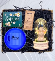 Kişiye Özel Renkli Türk Kahvesi Fincanı(100ml) ve Işıklı Beyaz Melekli Fanus Seti HA4 (Mavi)
