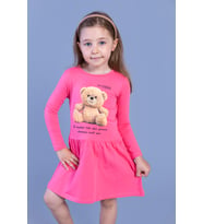 Toontoy Kız Çocuk Ayıcık Baskılı Elbise (Fuşya)