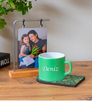 Ahşap Standlı Fotoğraflı Çerçeve & Kişiye Özel Ahşap Sunumlu Çay & Nescafe Fincanı (Yeşil)