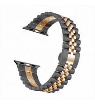 Uyumlu Model Apple Watch 7 8 9 45mm Kordon Şeritli Metal Kordon 36 (Siyah-Rose Gold)