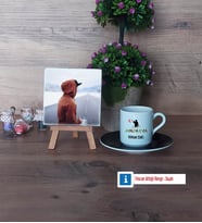 Jandarma Fotoğraflı Dekoratif Taş, Ahşap Altlıklı Türk Kahvesi Fincanı Hediye (Model 7)