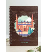 Bursa Ulu Camii Şehir Tasarım Ahşap Kapaklı Defter Kraft Kağıt Özel Tasarım (Gri - Siyah - Beyaz)