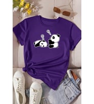 Unisex Uykucu Panda Baskılı Tasarım Tshirt (Mor)