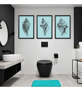 3'lü Ahşap Lamine Çerçeveli Mdf Banyo Tablosu Deniz Kabukları (Siyah)