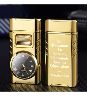 Kişiye Özel İsim  Baskılı Metal Rüzgar Geçirmez Saatli Gazlı Tasarım Çakmak (Gold)
