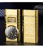 Kişiye Özel İsim  Baskılı Metal Rüzgar Geçirmez Saatli Gazlı Tasarım Çakmak (Gold)
