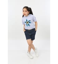Toontoy Kız Çocuk Önü Çiçek Baskılı Tişört (Mavi)
