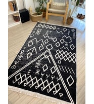 Kilim Çift Taraflı Dokuma Kilim Makinede Yıkanabilir Lüks Dokuma Kilim (Siyah - Beyaz)
