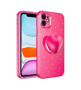 Uyumlu Model Apple iPhone 11 Kılıf Simli Pop Soketli Kalp Kapak (Koyu Pembe)