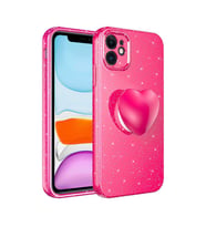 Uyumlu Model Apple iPhone 11 Kılıf Simli Pop Soketli Kalp Kapak (Koyu Pembe)