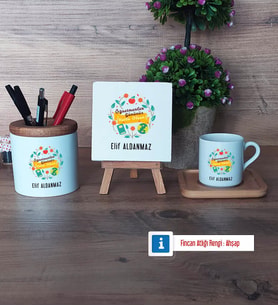 Öğretmenler Günü Hediyesi Hediye Seti Dekoratif Taş, Kalemlik, Ahşap Altlıklı Türk Kahvesi Fincanı Hediye (Model 1)
