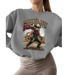 bisiklet yaka 3 iplik şardonlu unisex Kovboy kedi Baskılı Sweatshirt Bej kalın erkek Sweatshirt (Gri)
