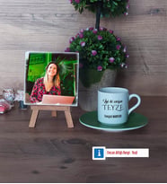 Teyzeye Doğum Günü Hediyesi Fotoğraflı Dekoratif Taş, Ahşap Altlıklı Türk Kahvesi Fincanı Hediye (Model 9)